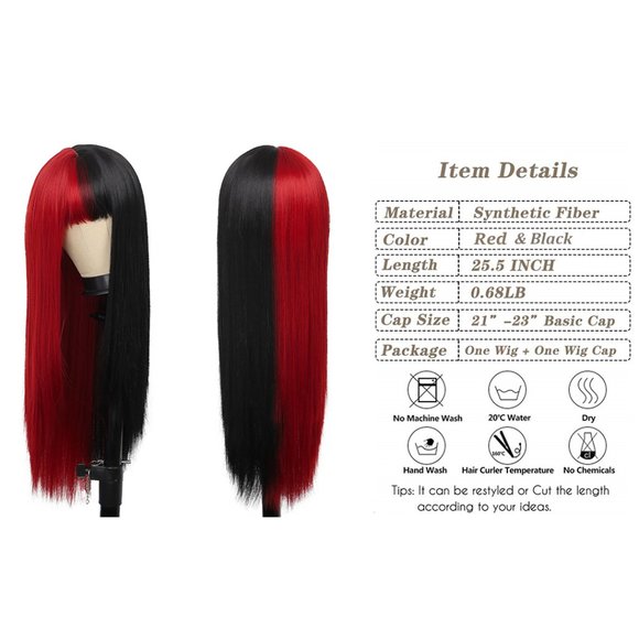 Half Red Half Black Split Dye Hair Wig with Bangs - Picture 6 of 6